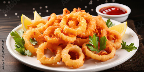 Crispy, Delicious Seafood Onion Rings with Tangy Sauce: A Gourmet Appetizer on a Wooden Plate.