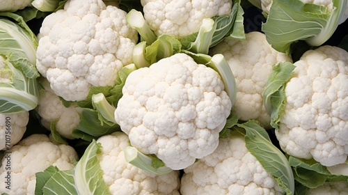  a pile of cauliflower with green leaves on top of each one of the cauliflower heads is white.