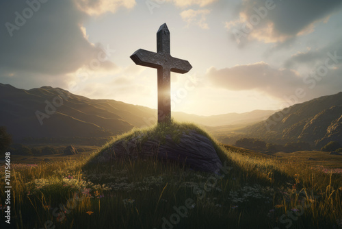 Old cross sits on a mound field at sunrise, traditional british landscapes, mountainous Scottish vistas. Celtic Religion, Historical Site