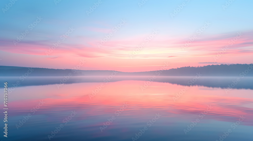 A tranquil lake, with mirror-like water reflecting gradient pastel and neon skies, during a calm dawn, showcasing the Psychic Waves trend of spiritual and emotional realms