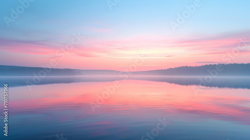 A tranquil lake  with mirror-like water reflecting gradient pastel and neon skies  during a calm dawn  showcasing the Psychic Waves trend of spiritual and emotional realms