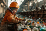 A child Worker very detailed, close up, in sorting through waste at a recycling facility