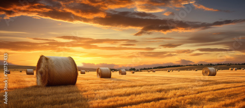 Rural farm background with hay bales at sunset. Rustic countryside view with a stunning sunset above a vast field of rolled straw