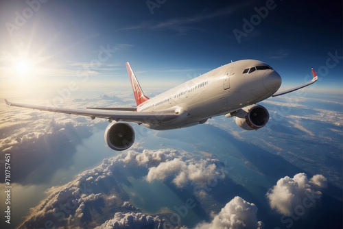 Passenger airplane in flight, passing over planet Earth, air transportation, tourism