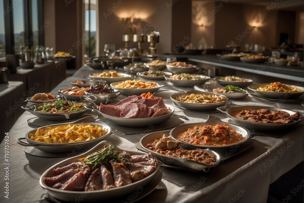Buffet filled with a variety of different dishes, happening, cauldrons