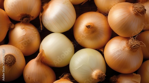  a pile of onions sitting next to each other on top of a pile of other onions on top of a table.
