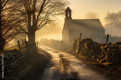 Old mysterious church with a fence and graveyard , atmospheric woodland landscapes, lens flares, misty atmosphere at sunset