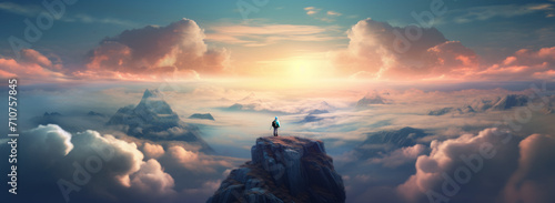 Man standing on top of a mountain surrounded by clouds. Business success climbing to the top concept