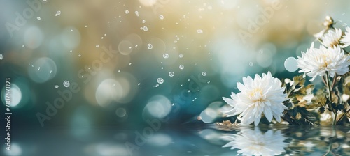 Elegant white chrysanthemum on enchanting bokeh background with spacious text placement on left side