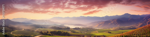 French sunset in the vineyards with grapes and mountains. Landscape vista