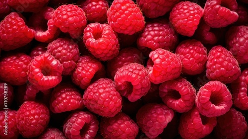  a bunch of raspberries that are very close to the camera, as well as the top of the raspberries.