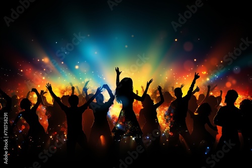Energetic bokeh effect with vibrant stage lights and silhouettes entertainment themed backdrop