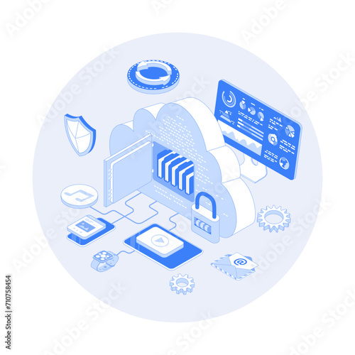 Cloud Storage Service. Internet hosting provider, Data backup, Cloud computing. Big cloud as a safe for files, protected and secure. Vector outline illustration with isometry scene for web graphic