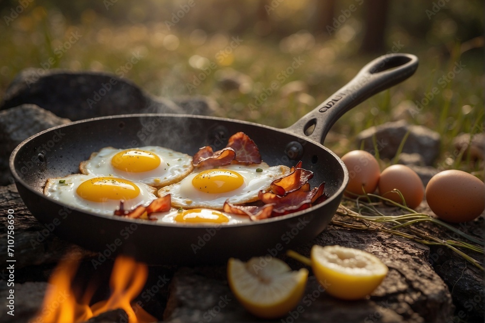 Fried eggs and bacon on a picnic in the autumn forest on a sunny meadow Fried eggs and bacon on a picnic in the autumn forest on a sunny meadow