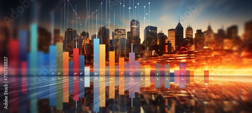 Blurred bokeh backdrop with financial data and banking icons creating a dynamic abstract scene photo