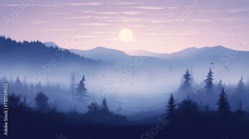  a painting of a foggy mountain landscape with birds flying in the sky and a full moon in the distance.
