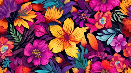  a bunch of colorful flowers that are on top of a bed of leaves and flowers on top of a bed of flowers.