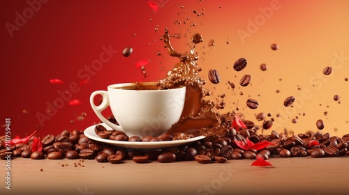 coffee cup with splashing coffee and flying coffee beans on beige gradient background