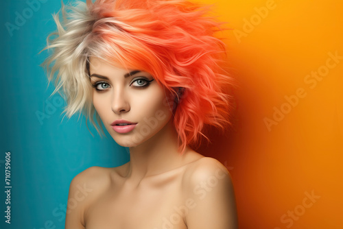 A mesmerizing shot captures a beautiful woman with resplendent, fuchsia-toned tresses striking a playful pose for a captivating photograph