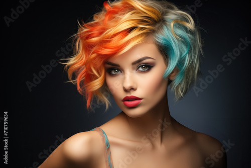 A captivating beautiful woman with an array of vividly colored hair captures attention as she gracefully poses for an artistic photograph