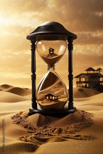 Golden sand flowing in an hourglass transforms into real estate, concept of property investment