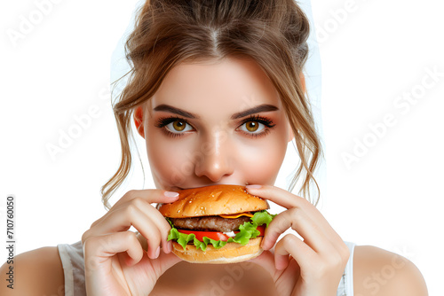 Closeup portrait of beautiful woman eating burger isolated on white background