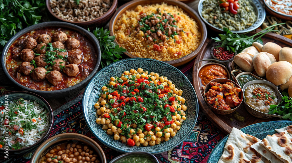 An artistic display of Arabic culinary delights, with a variety of colorful and aromatic dishes, rich in flavors and textures, arranged on a beautifully patterned tablecloth, showc