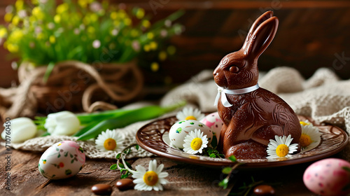 Easter chocolate bunny and eggs on the table. Selective focus.