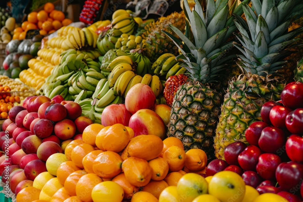Tropical fruits create a vibrant display in a marketplace, evoking the essence of exotic locales. Tropical fruits create a vibrant display in a marketplace, evoking the essence of exotic locales.