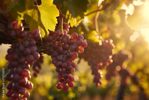  Grapes hanging from a vine in sunlight, a picturesque scene of vineyard abundance.