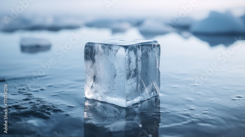  an ice block sitting in the middle of a body of water with icebergs floating in the water behind it.