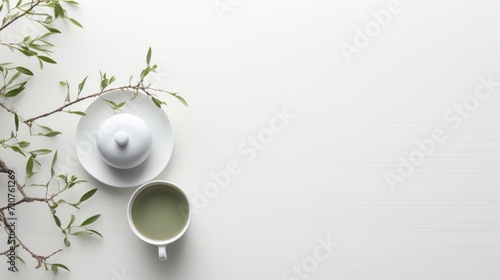  a cup of green tea next to a white teapot on a saucer and a branch of a tree.