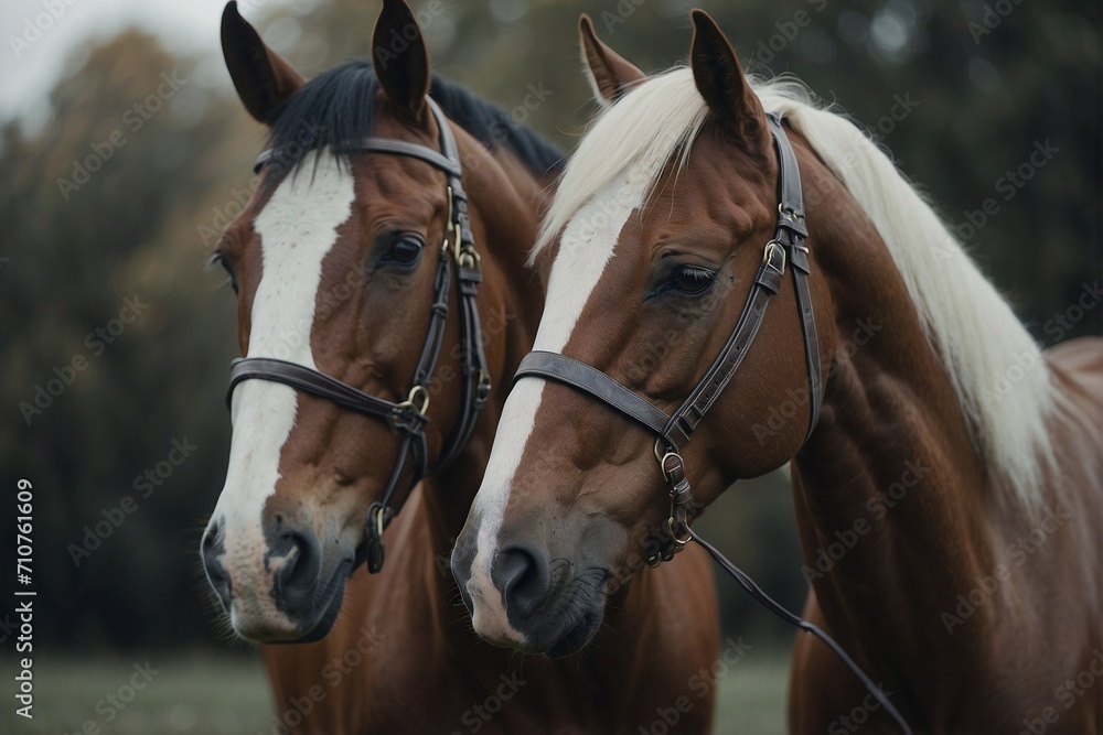 Fototapeta premium Purebred steed with saddle and bridle in nature, racehorse.