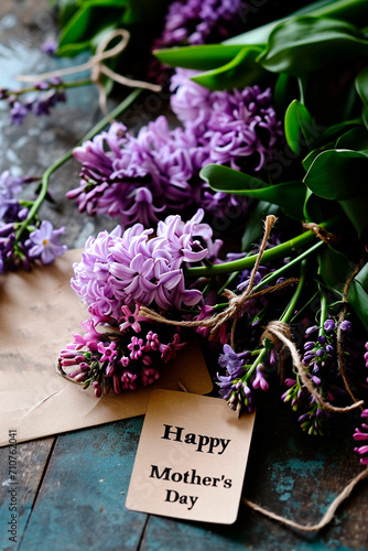 Happy Mother's Day card and flowers. Selective focus.