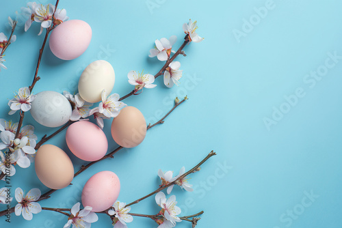 easter eggs with flowers on branches isolated on light blue background. empty space for messages 