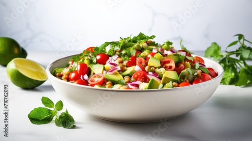  a salad in a bowl with avocado, tomatoes, onions, cilantro, and red onion.