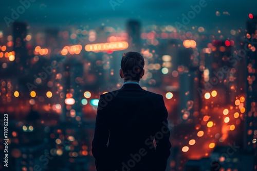A portrait man with black suit behind looking for night town building top views.