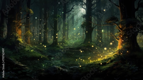  a forest filled with lots of trees and fireflies flying in the air over the forest at night with lots of fireflies flying in the air. © Anna