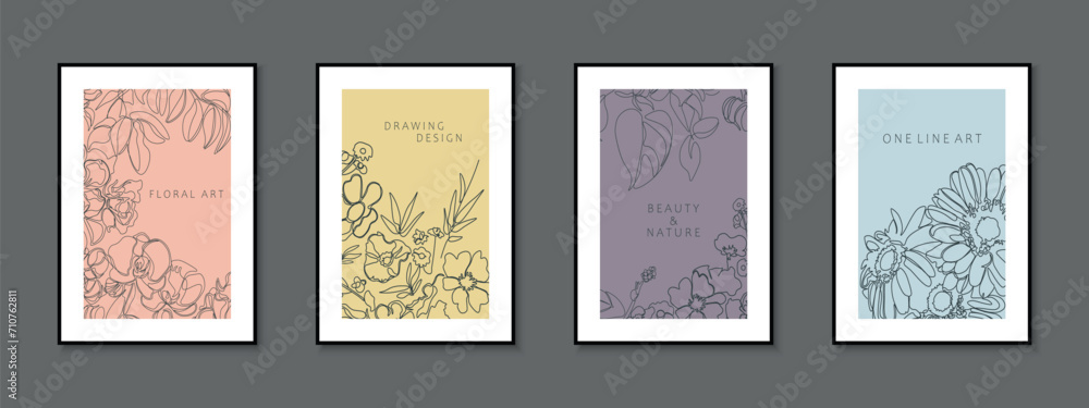 Naklejka premium Collection of delicate floral covers, templates, placards, brochures, banners, flyers and etc. Colorful outline backgrounds, postcards, posters, invitation. Elegant cards with drawing flowers