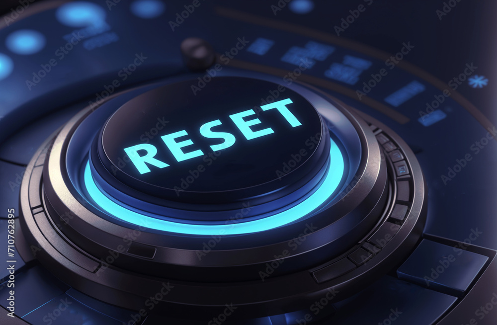 Blue glowing initiation start button with the text word RESET  in a 3d render illustration - obrazy, fototapety, plakaty 