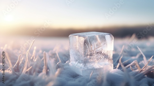  an ice cube sitting in the middle of a field covered in ice and grass with the sun in the background.