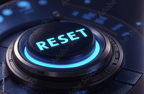 Blue glowing initiation start button with the text word RESET in a 3d render illustration