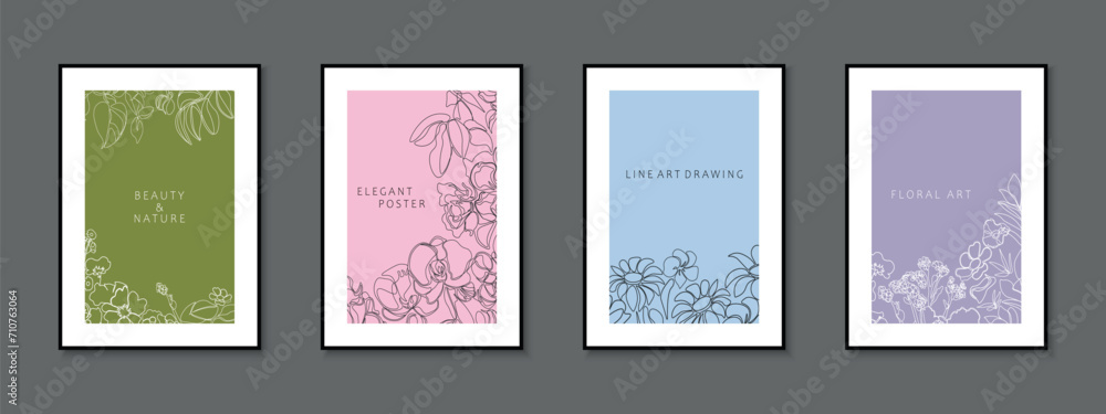 Set of delicate floral covers, templates, placards, brochures, banners, flyers and etc. Color outlite hand drawn backgrounds, postcards, posters, invitation, tags. Beautiful cards with drawing flowers