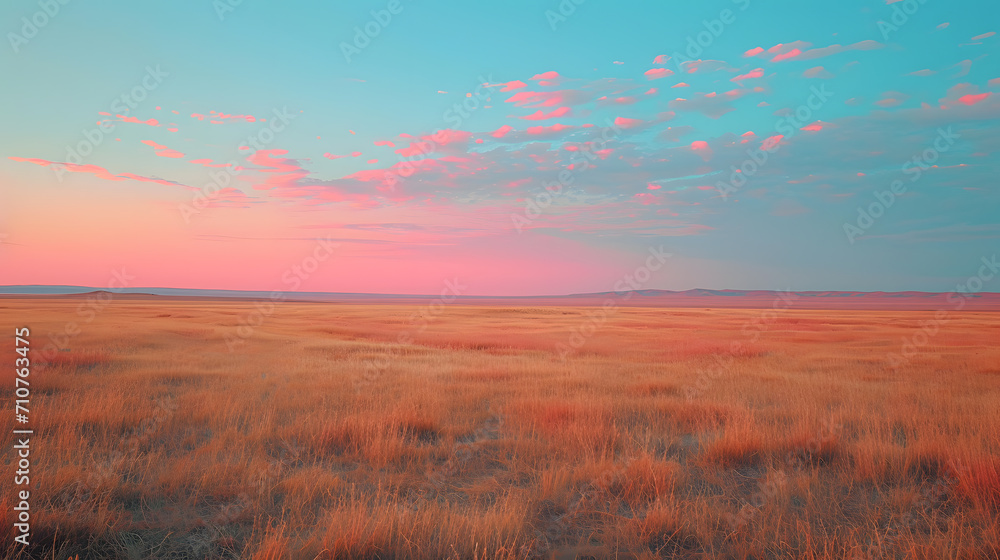 Obraz premium A vast plain, with surreal neon-colored grass and a pastel gradient sky, during a mystical afternoon, aligning with the Psychic Waves theme of mainstream storytelling style