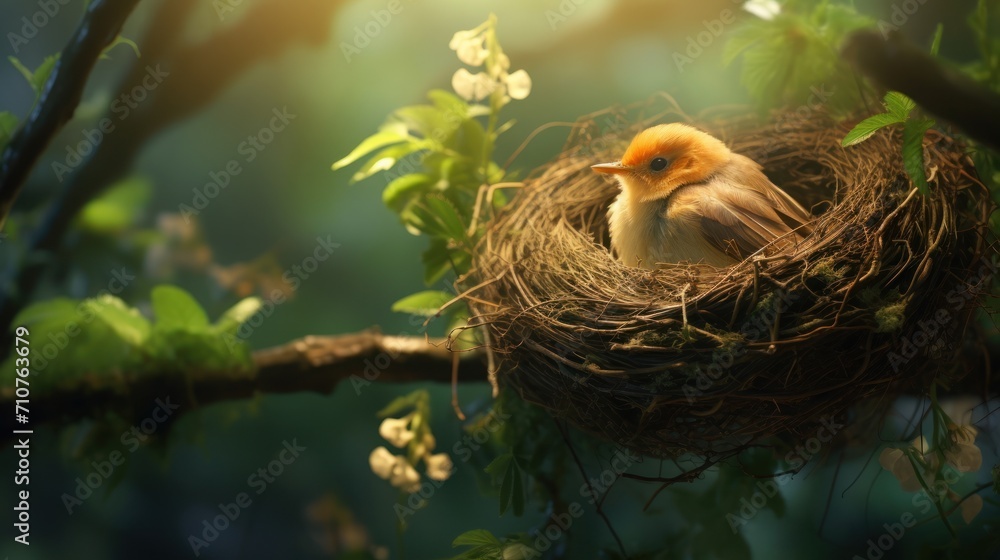 a baby bird is sitting in a nest on a tree branch in a tree with white flowers in the background. a baby bird is sitting in a nest on a tree branch in a tree with white flowers in the background.