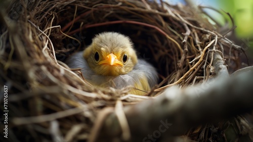  a close up of a bird in a nest with a small bird's head sticking out of the nest.
