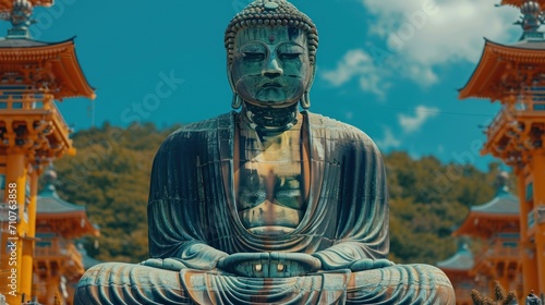  a statue of a buddha sitting in front of a row of pagodas with a blue sky in the background.