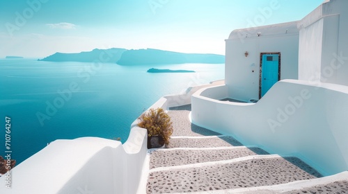 Minimalism, graphic design, poster, Santorini landscape, stunning, Summer, blue sea, graphic poster photo