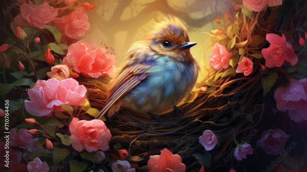  a painting of a bird sitting on top of a nest in a tree filled with pink and red flowers on a sunny day.