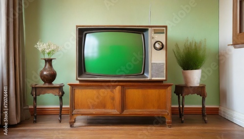 antique tv with green screen on an antique wooden cabinet old design in a house in the style of the 1980s and 1990s